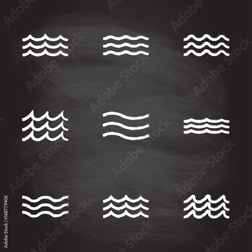 Wave icon set. Water line signs collection isolated on blackboard texture with chalk rubbed background. Vector illustration.