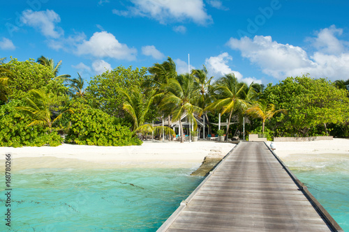 BWooden bridge to beautiful sandy beach under the shade of palms and tropical plants, Maldives © Myroslava