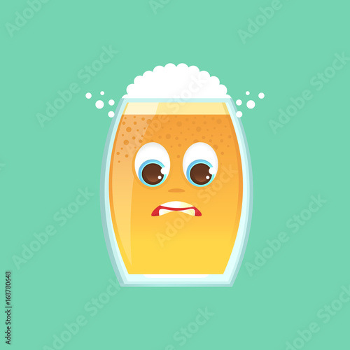 Character glass with beer, foam and bubbles. Emotional icon. In an awkward position, uncomfortable, feeling guilty. Oktoberfest. Stickers for messenger and other communications. Vector illustration.