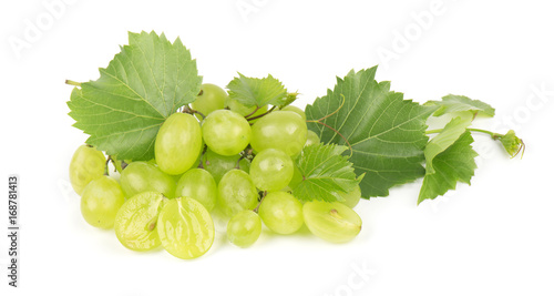 Bunch of green wine grapes isolated white background. Healthy fruits.