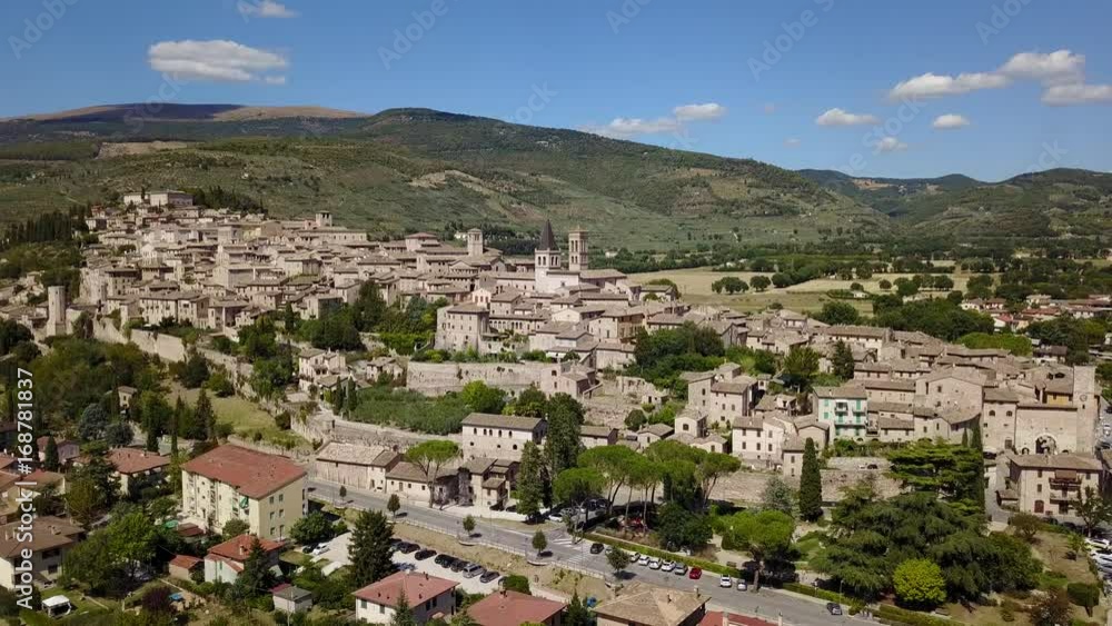 Spello, one of the most beautiful small town in Italy. Drone aerial view of the village Spello, one of the most beautiful small town in Italy. Drone aerial view of the village