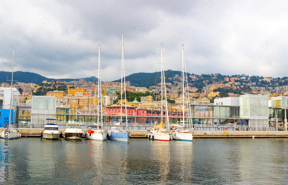 The port of Genoa, with the cityscape in the background, Italy