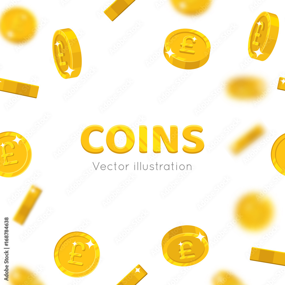 Flying gold pounds cartoon frame. Background of the flying gold of pounds in the form of a frame in a cartoon style. Cover gold pieces in the form of vector illustrations