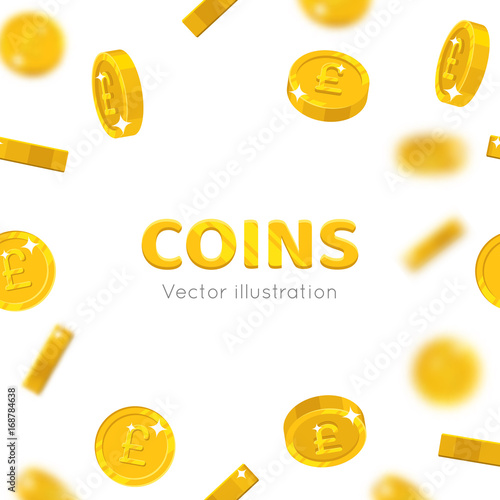 Flying gold pounds cartoon frame. Background of the flying gold of pounds in the form of a frame in a cartoon style. Cover gold pieces in the form of vector illustrations