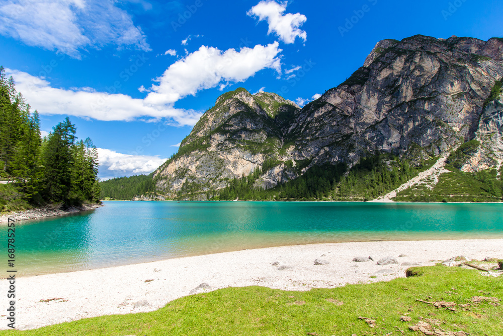 Braies lake ( Lago di Braies) in the Dolomites, Italy