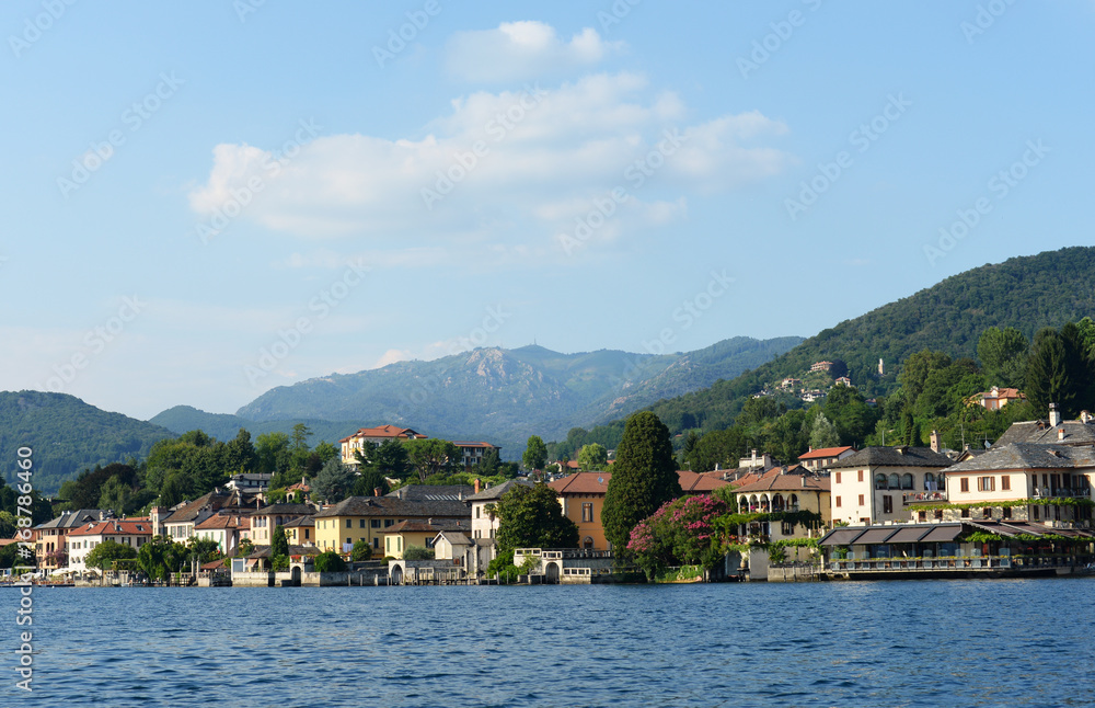 Summer view on the Village of San Giullio at Lake Orta in the Piemonte region in Italy
