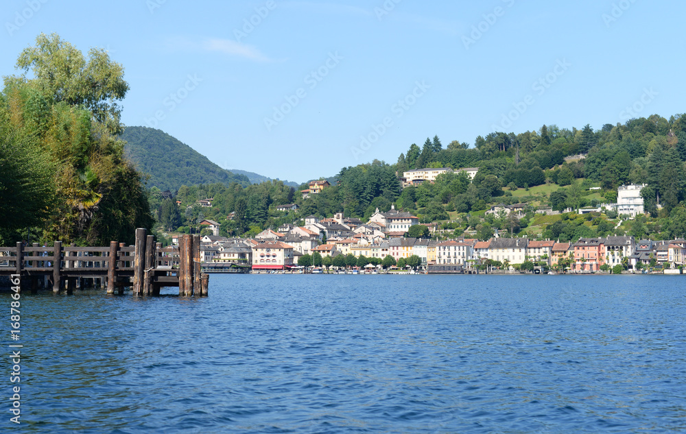 Summer view on the Village of San Giullio at Lake Orta in the Piemonte region in Italy