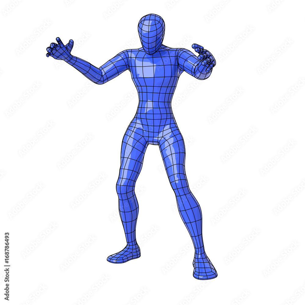 Wireframe human figure in sorcerer pose making magic with open arms and looking down Wireframe human figure in sorcerer pose making magic with open arms and looking down
