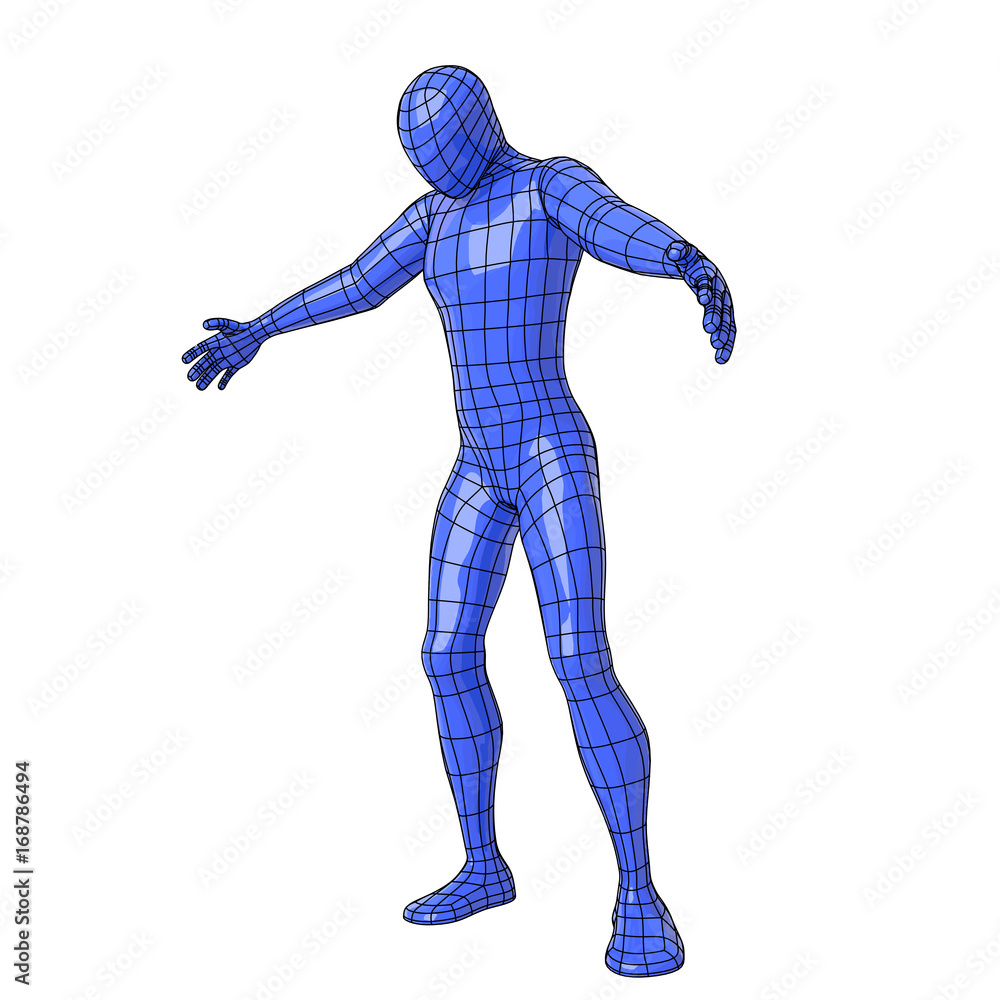 Wireframe human figure with open arms and looking down as if he were to embrace something or somebody Wireframe human figure with open arms and looking down as if he were to embrace something or somebody
