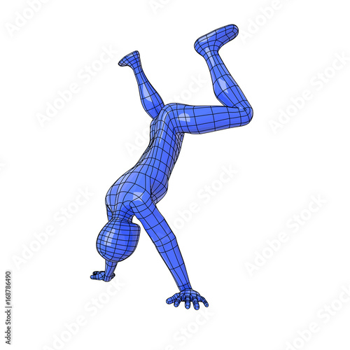 Wireframe human figure in handstand about to make a somersault