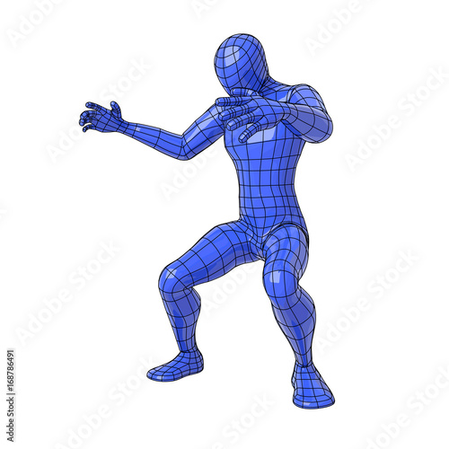 Wireframe human figure in squatting position with open arms and looking down making a maori haka
