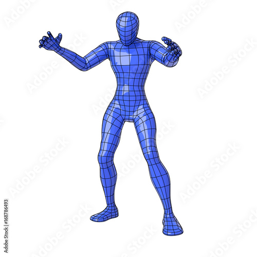 Wireframe human figure in sorcerer pose making magic with open arms and looking down