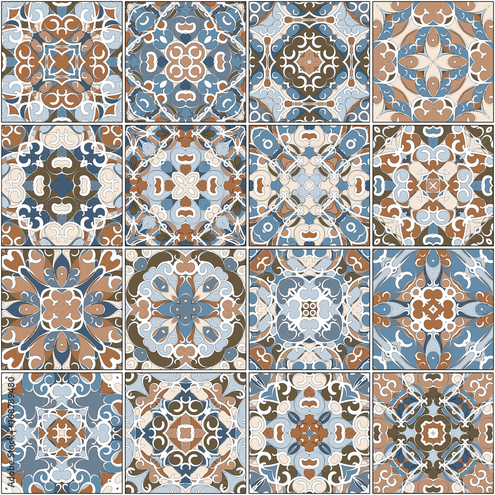 A collection of ceramic tiles in blue and brown retro colors. A set of square patterns in ethnic style. Vector illustration. A collection of ceramic tiles in blue and brown retro colors. A set of square patterns in ethnic style. Vector illustration.