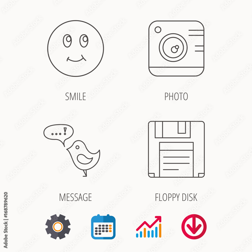 Photo camera, floppy disk and message icons. Photo camera, floppy disk and message icons.