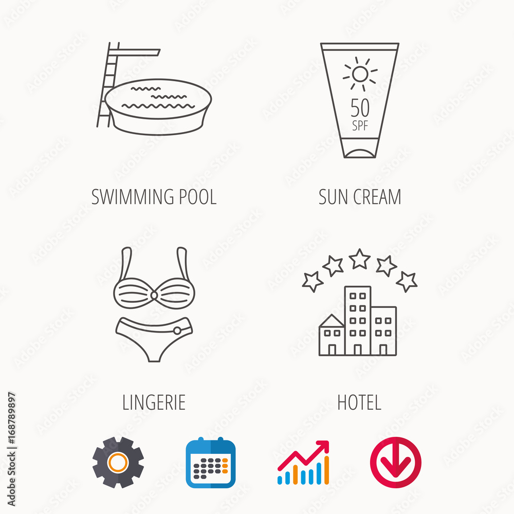 Hotel, swimming pool and sun cream icons. Hotel, swimming pool and sun cream icons.