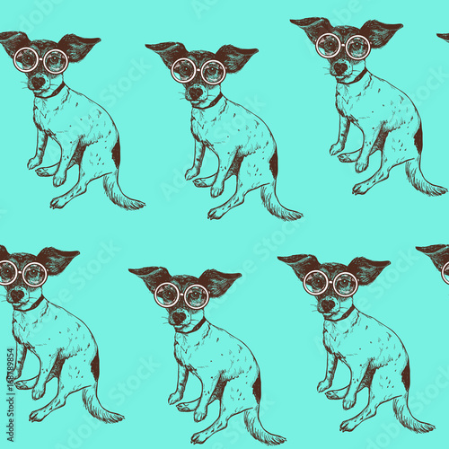  Seamless pattern with hand drawn jack russell terrier dog in glasses