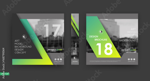 Paper info card mockup. A4 brochure cover design. Black company banner frame. Title sheet model set. Modern vector front page art. Urban city house texture. Green lines figure icon. Ad flyer text font