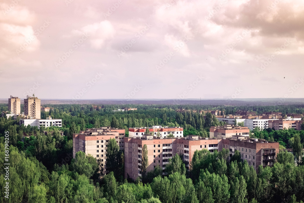 View of the ghost-town of Pripyat from the 16th floor of an abandoned building