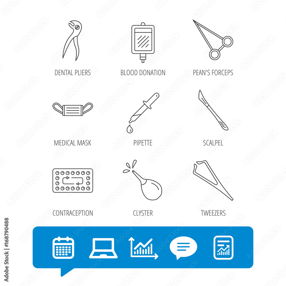 Medical mask, blood and dental pliers icons. Medical mask, blood and dental pliers icons.
