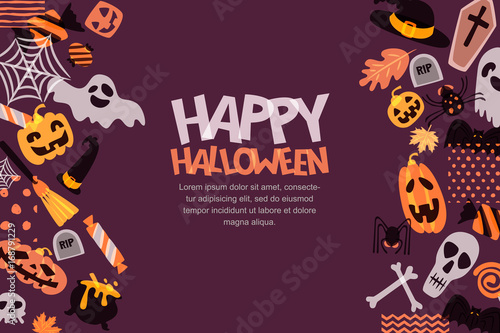 Happy Halloween vector horizontal banner with hand drawn doodle pumpkin, skull, witch hat, bones, candies, ghost, broom, cauldron. Design for holiday greeting card, poster, party invitation