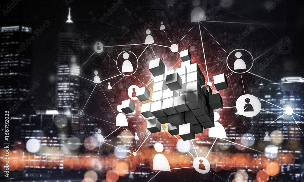 Concept of Internet and networking with digital cube figure on d Concept of Internet and networking with digital cube figure on d