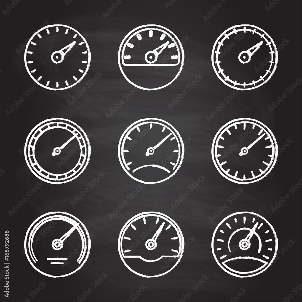 Speedometer and meter icon set isolated on blackboard texture with chalk rubbed background. Dashboard outline signs. Vector illustration. Speedometer and meter icon set isolated on blackboard texture with chalk rubbed background. Dashboard outline signs. Vector illustration.