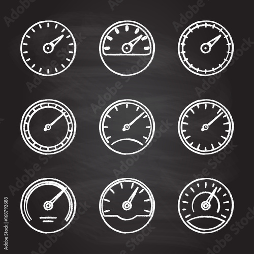 Speedometer and meter icon set isolated on blackboard texture with chalk rubbed background. Dashboard outline signs. Vector illustration.