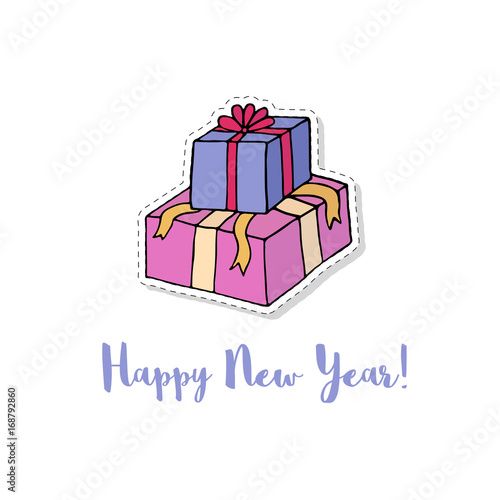 Christmas present box cartoon vector illustration. Sticker for New Year holiday design.