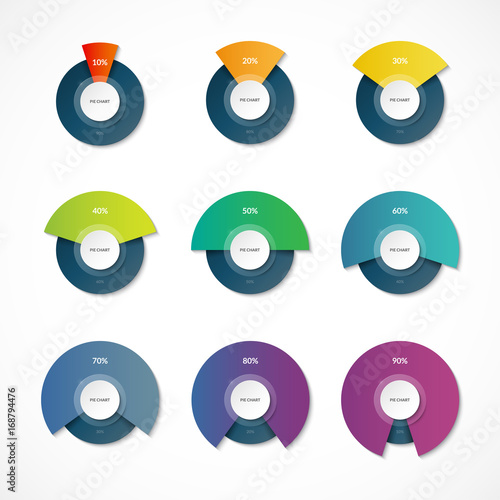 Infographic pie chart templates. Share of 10, 20, 30, 40, 50, 60, 70, 80, 90 percent. Vector banner. Can be used for chart, graph, data visualization, web design
