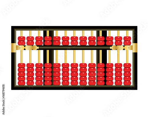 Antique Chinese abacus with red beads on white background 