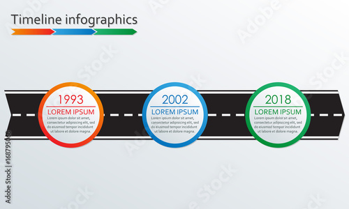 3 steps Timeline infographics with arrow from road. Three options or levels template. Vector illustration.