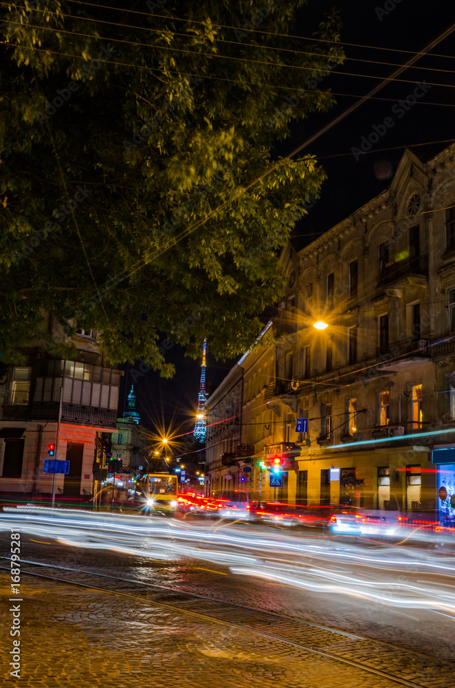 Naklejka premium Night Lviv cityscape with long exposure in Ukraine