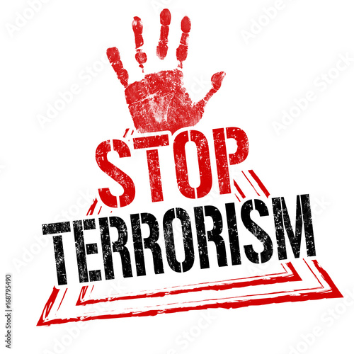 Handprint with stop terrorism text against white background
