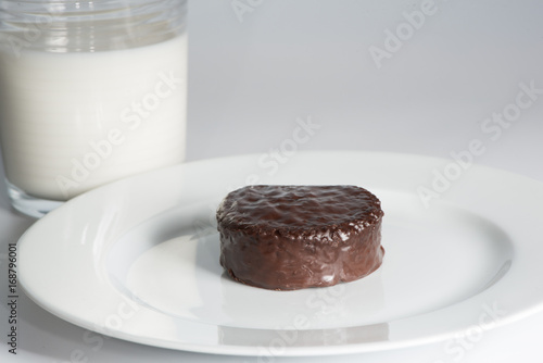 Chocolate ding dong on plate with a glass of milk