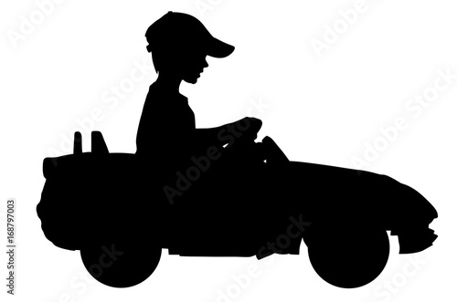 Little boy driving mini car vector silhouette illustration. Child with toy automobile. Kid driving pedal car .