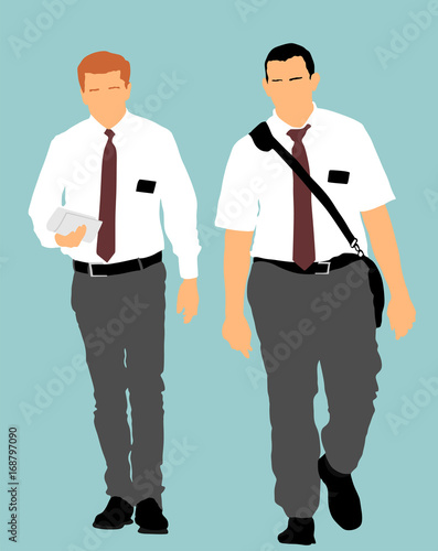 Jehovah's witnesses in the street vector illustration. Public agitation and interpretation for new religion.  Recruiting into a new faith. Agressive recruiting. photo