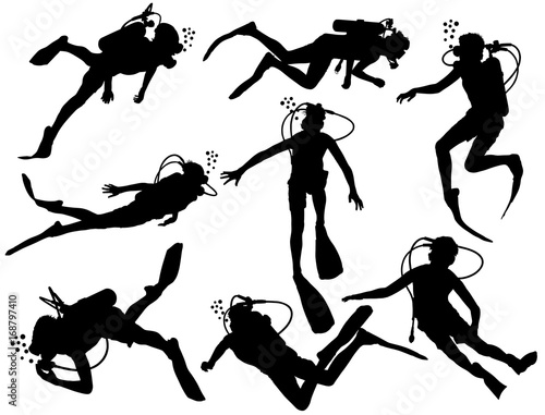 Scuba diving silhouette vector illustration isolated on white background. Sport underwater, lake, sea, glove and flashlight, mask and snorkel. Diving school, Scuba school. Beach fun, fishing,swimming