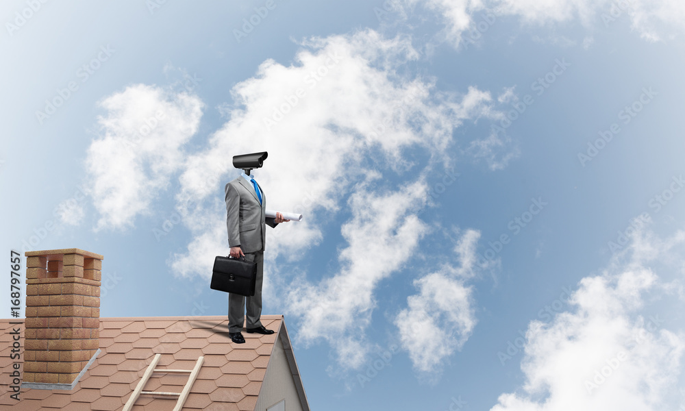 Concept of home security and privacy protection with camera headed man Concept of home security and privacy protection with camera headed man