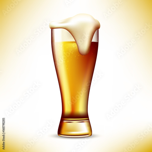 Full glass of fresh ale beer isolated. High quality vector illustration of frothy lager beer with foam and barley ears. Ready for your design.