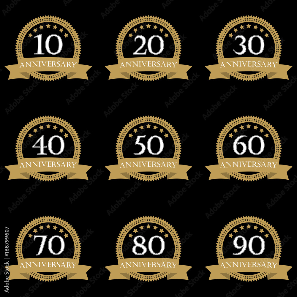 Anniversary icon set. Emblems and stamps with ribbon. 10,20,30,40,50,60,70,80,90 years design elements. Vector illustration. Anniversary icon set. Emblems and stamps with ribbon. 10,20,30,40,50,60,70,80,90 years design elements. Vector illustration.