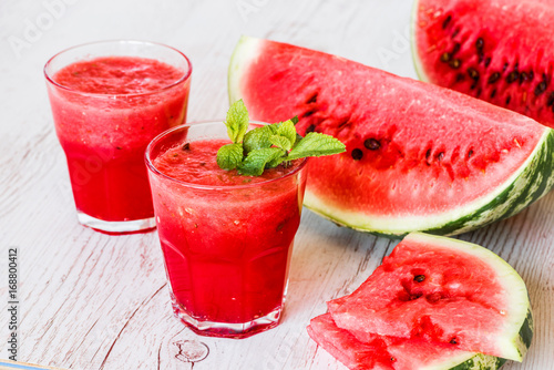 healthy drinks. watermelon smoothie on white wooden background