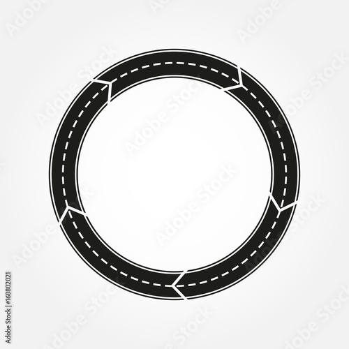 Road design element. Asphalt round road with arrows. Roundabout template. Vector illustration.