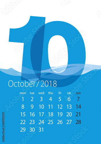 2018 Calendar month October water blue background