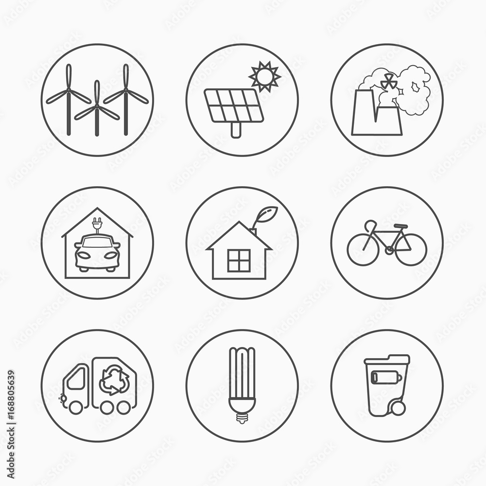 Eco icons vector set. Thin line ecological signs for infographic, website or app. Powersave lamp, nuclear plant, wind energy, elecrtic car, low energy house and over ecology symbol. Eco icons vector set. Thin line ecological signs for infographic, website or app. Powersave lamp, nuclear plant, wind energy, elecrtic car, low energy house and over ecology symbol.