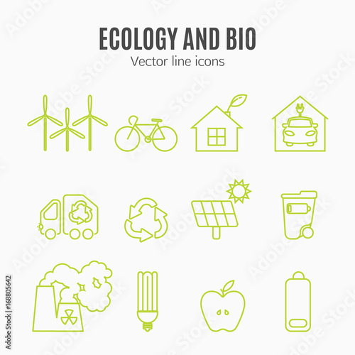 Eco icons vector set. Thin line ecological signs for infographic, website or app. Powersave lamp, nuclear plant, wind energy, elecrtic car, low energy house and over ecology symbol.
