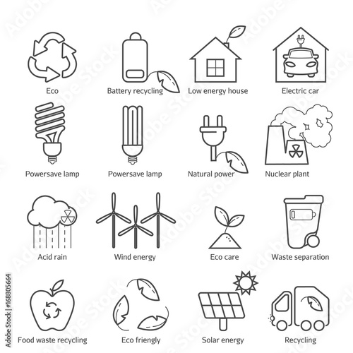 Eco icons vector set. Thin line ecological signs for infographic, website or app. Powersave lamp, nuclear plant, wind energy, elecrtic car, low energy house and over ecology symbol.