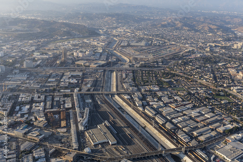 Aerial view of the Los Angeles River, Boyle Heights and the downtown Arts District in Southern California.