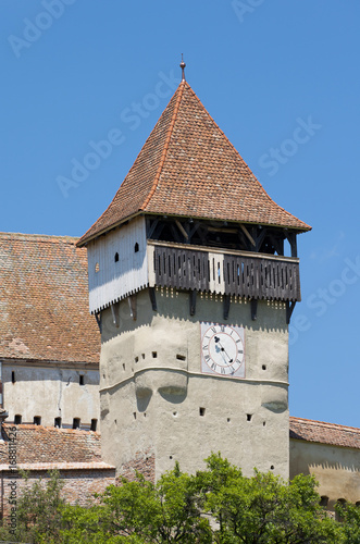 Clock tower at fortified church in Alma Vii Sibiu Romania 