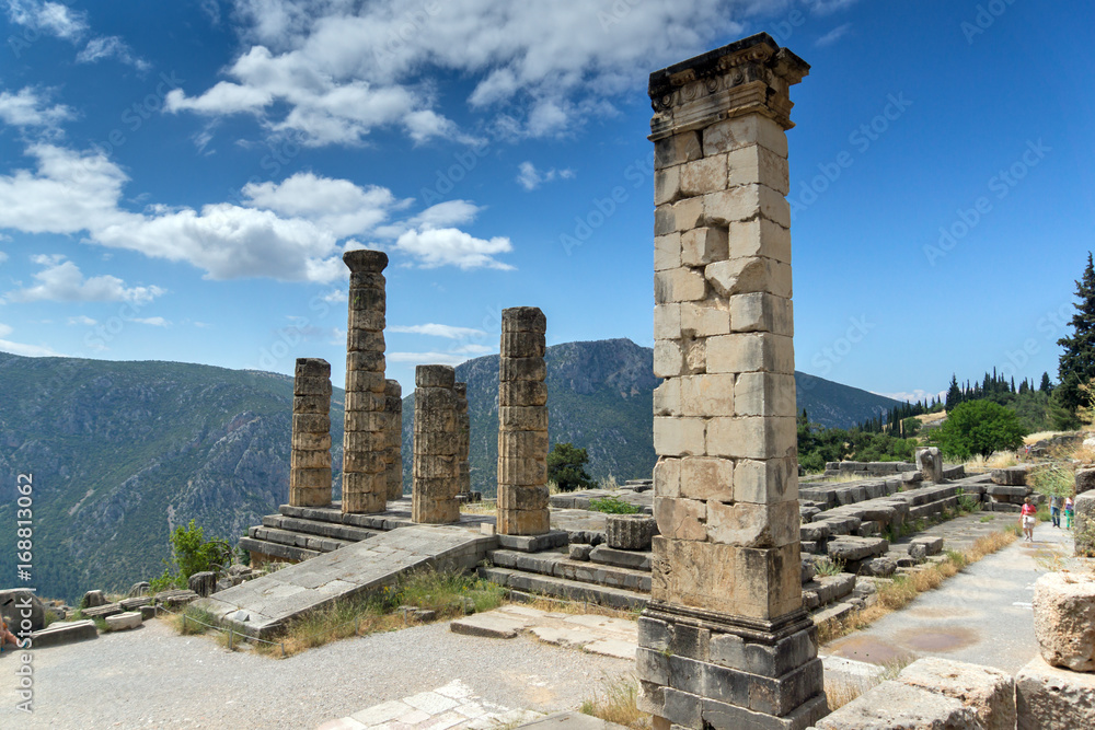 Ancient Columns in Greek archaeological site of Delphi, Central Greece