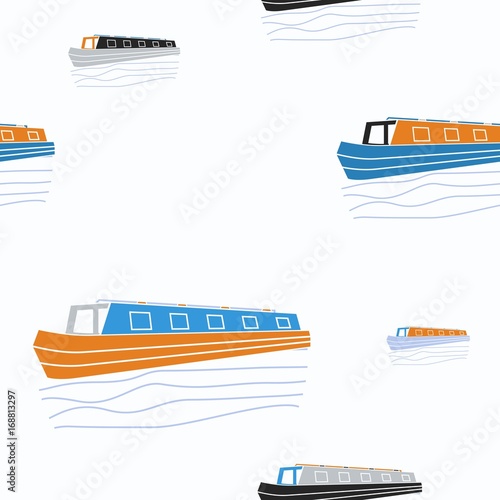 Editable Three-Quarter Oblique View Narrow Boat Vector Illustration in Flat Style Seamless Pattern for Creating Background of Transportation or Recreation of United Kingdom or Europe Related Design